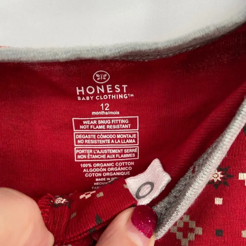 Honest Baby Pajama Size 12 Months Footed Fair Isle Red Snowflake‎ Organic Cotton